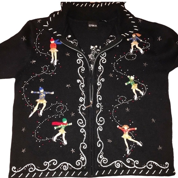 Vintage Erika Winter Sweater Beaded Embroidered Ice Skaters ZipUp L - Picture 1 of 9